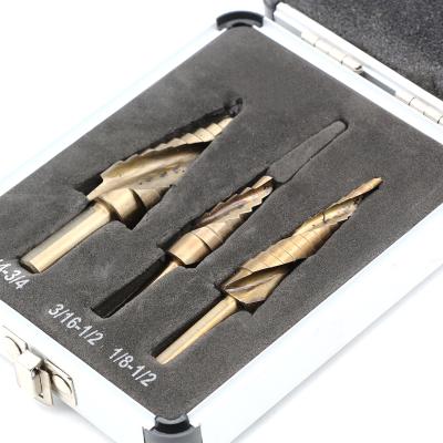 China 3Pcs Wood and Metal 3 Flats Leg Spiral Flute Metric HSS Step Drill Bit Set with Chip-breaker in box for sale