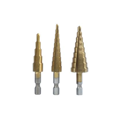 China Metric 3 Flats Wood Metal 3Pcs Leg Color HSS Step Drill Bit Black Gold Black Set For Metal Sheet Tube Drilling In Aluminum Case for sale