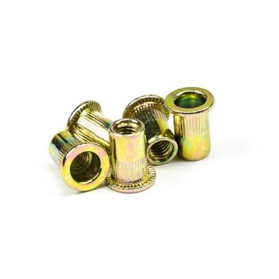 China Heavy Industry Industrial Rivet Nuts Flat Head Threaded Insert Nuts Yellow Plated Industrial Rivet Nuts for sale