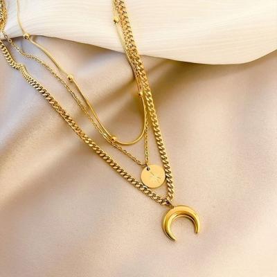 China Customized Lead Free Nickel Free Stainless Steel Gold Plated 3 Layered Star Moon Pendant Necklace For Women Men Gifts for sale