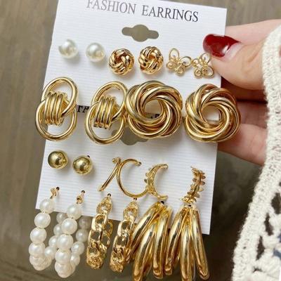 China FASHIONABLE vintage gold metal geometric earring set for women punk pearl dangle earrings jewelry drop earrings 2021 trend set for sale