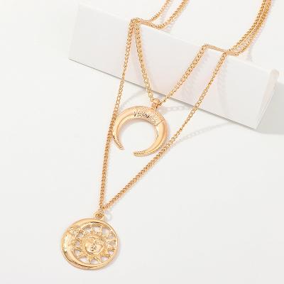 China Hotsale European Retro Adjustable Double layered Chain Moon And Sun Pendant Necklace for sale