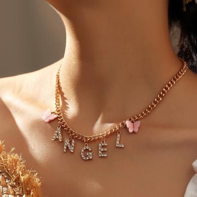 China wholesale fashion acrylic butterfly gold letter double layer necklace for women female angel pendant necklace for sale