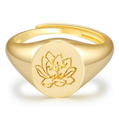 China 18K Gold Ring Statement Ring with Botanical Engraved- Delicate Personalized Jewelry Gift for Women Handmade Flower Signet Ring for sale