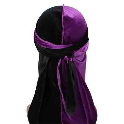 China Soft Men Two Tone Velvet Durag Long Tail Durags Wave Cap Custom Bandanas Durag High Quality for sale