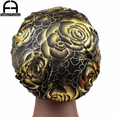 China Women's Big Size Hood Rose Printing Silk Bonnet Sleeping Night Hat Hair Cover Satin Soft Bonnet Bonnet for sale