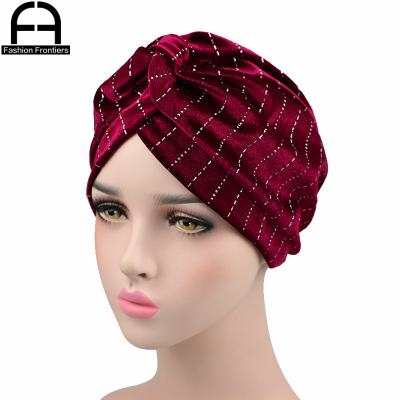 China Women's Velvet Turban Diamond Striped Chemo Cap Turbante Soft Hat for sale