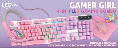 China Compact, lightweight, all-pink gaming keyboard with static rainbow backlight, plus matching pink headphones, mouse, and mouse pad. for sale