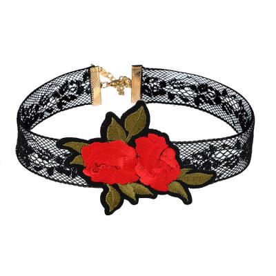 China Gothic Red Flowers Rose Black Lace Choker Necklaces Fashion Environmental Friendly Handmade Vintage Pretty For Women Date And Party for sale