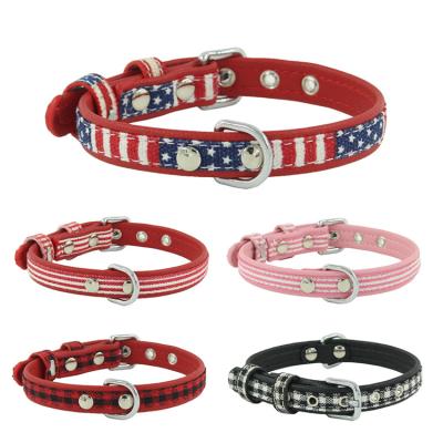 China Double Padded Fabric Dog Collar Flag Color Dog Chain Engraved Stripe Lattice Pet Collars for sale