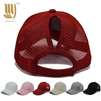 China COMMON Custom 100% Simple Cotton 5-Panel Mesh Ponytail Trucker Hat Baseball Trucker Hat Ponytail Hat Ladies Nets Cap for sale