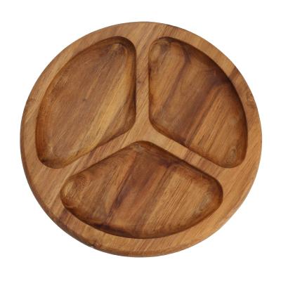 China Factory Wholesale Classic Candy Serving Round Tray Acacia Serving Tray In 3 Solid Wood Divider For Snack for sale