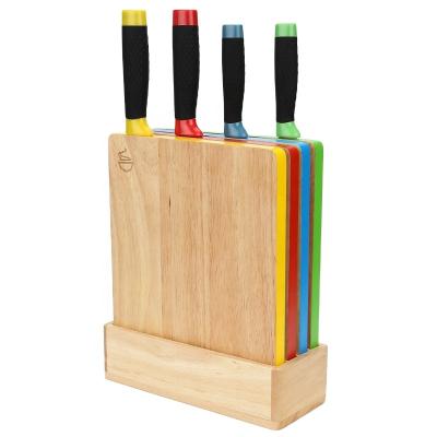 China New Viable Develop Rubber Wooden Knife Holder Set Customized Cutting Plates Rim Color With 4 Pcs Kitchen Knives For Kitchen for sale