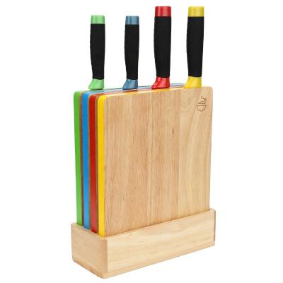 China Unique Sustainable Innovation 4pcs Kitchen Knife Set and Rubber Wood Choppers Color Coded Knife Block and Board Set for Food Prepare for sale