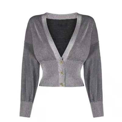 China Anti-wrinkle knitwear manufacturer v neck bubble sleeve custom size women sweater gray cardigan for sale