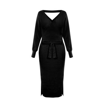 China Autumn Manufacturer Dress Anti-wrinkle New Winter V Neck Long Sleeved Dress White Knitted Women's Ribbed Sweater Dress for sale