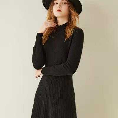 China Anti-wrinkle winter custom black round necked long sleeved women knitted dress elegant lady sweater dress for sale