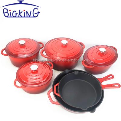 China Sustainable 5pcs Enamel Cast Iron Cookware Sets Dutch Ovens And Pan for sale