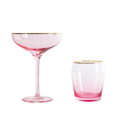 China Long Stem 400ml Crystal Pink Goblet Glass Gold Lead Free Clear Fancy Rim Margarita Cocktail Glass for sale