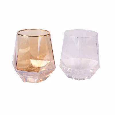 China 300ml Gold Rim Whiskey Shot Glass Cup Thick Bottom Gold Rim Hexagon Crystal Stemless Wine Glass for sale