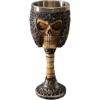 China Wholesale Bulk Double Stainless Steel Wall Wine Goblet Glass Resin Helmet Embossed Skull Tumbler For Halloween Party for sale