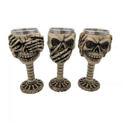 China Horror Tableware Decoration Embossed Ornament Embossed Goblet Stainless Steel Cover Face Skull Wine Glass For Halloween Party for sale