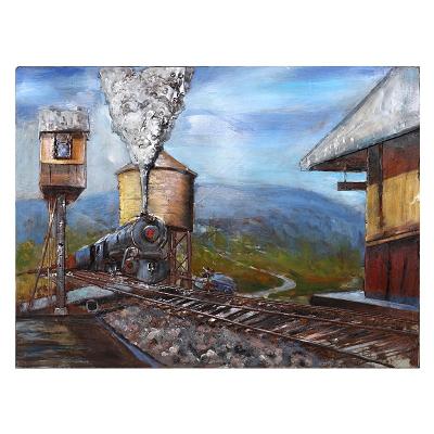 China New Style Realistic Classical Train Station Landscape Painting Iron Metal Wall Old Railway Decoration for sale