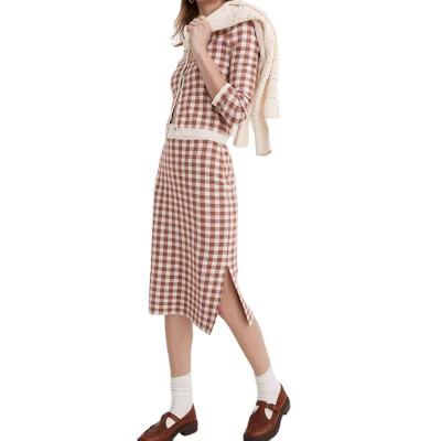 China Anti-wrinkle Knitwear Custom Women Knitted Wool pink Cashmere Loungewear 2 Two Piece Set Gingham Check Cardigan Sweater Set for sale