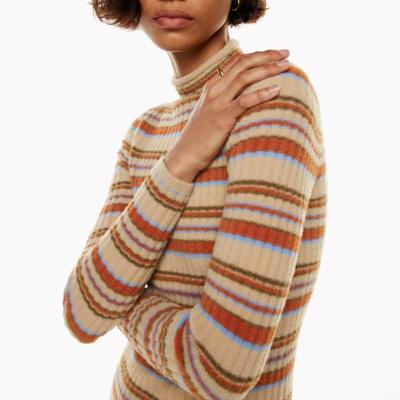 China Anti-wrinkle Fashion winter Copper Red 100% nylon stripe pullover turtleneck women's sweater Knit mock-neck dress for sale