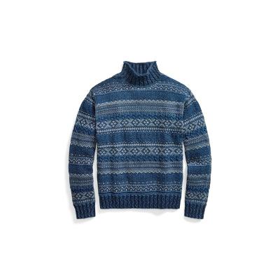 China Anti-wrinkle OEM custom men crew neck 100%cotton bule Rolled ribbed-knit half-high neck with zigzag stitching pullover man sweater for sale