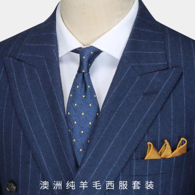 China Anti-Wrinkle Pure Wool Men's Suits Blue Stripe Bridegroom Wedding Dress Slim Suit for sale