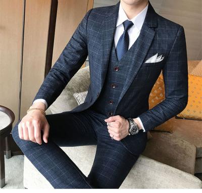 China New Anti-wrinkle men's slim suit three pieces plaid suits city fashion business men's casual suit for sale