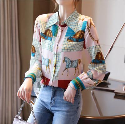 China 2021 Europe and America 2021 new spring and sleeve French autumn anti-pilling lapel shirt vintage long printed shirt for sale