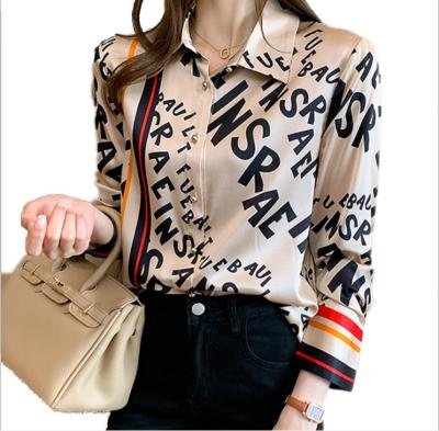 China Anti-pilling printed shirt 2021 letter fashion spring and summer long sleeve silk lapel casual top for sale