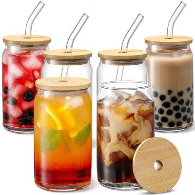 China Stocked Good Price Of New Design Soda Beer Glass Can Cup Coffee Soda Can Glass Cup Mug 16oz Beer Can Shaped Glass Mug With Lid And Straw for sale