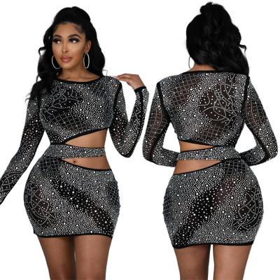 China Hollowed Out Popular Hot Black Sexy Solid Hollowed Out Split Joint Hot Drill Mini Dress for sale