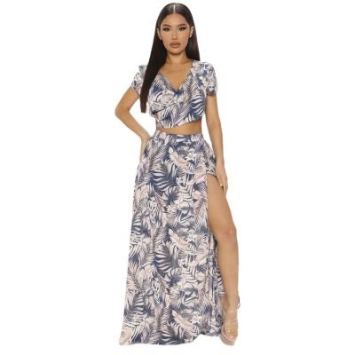 China Hot Sales Fashion QUICK DRY Tie Front Top And Slit Maxi Skirt Vacation Women Two Side Pieces With Printed for sale