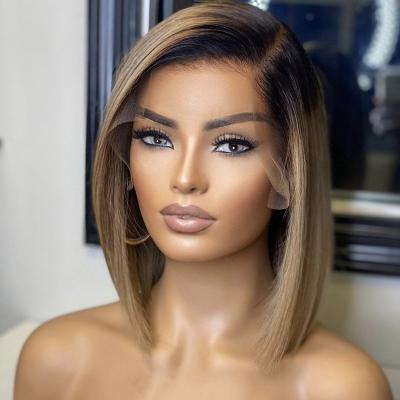 China Short Bob Unprocessed 2 Tone Color Women's Wigs For Black Pixie Cut Lace Front Short Bob Wig Human Hair Wigs with Preplucked for Colored Women for sale