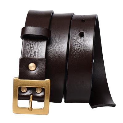 China Luxury Designer Men Leather Belts Genuine Handmade Custom Cowhide Adjustable Vintage Brass Buckle 3.8cm for sale