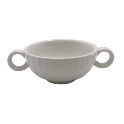 China High Sustainable Cost Effective Cute Ceramic Round Soup Bowl With Double Handle For Kids for sale