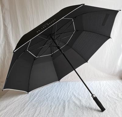 China Sun/rain/promotion/event/advertising with black logo vented golf umbrella with white piping on edges and customized logo printing for sale