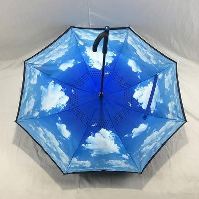 China Wholesale High Quality Inverted Double Layer Inverted Umbrella Reverse Umbrella With BlueSky And White Cloud for sale