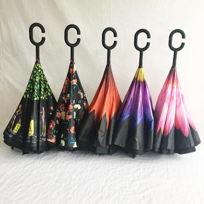 China Wholesale Reverse Umbrella Double Layer Upside Down Umbrella With C Shaped Handle for sale