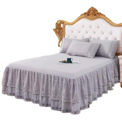 China Eco-Friendly Matte Lace Bed Skirt Dust Ruffles Easy Put On Elastic Korean Style Dust Ruffle Three-Piece Bed Skirt Kit Housewarming Gift for sale