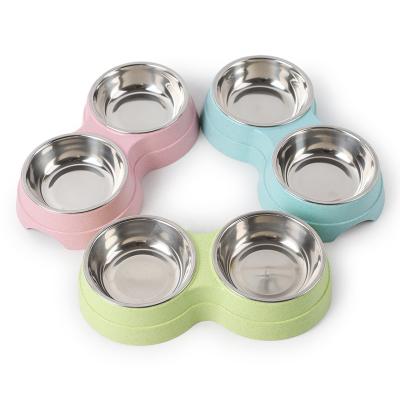 China Sustainable Wheat Straw Stainless Steel Round Two-in-One Drinking And Feeding Dual Purpose Pet Bowl for sale