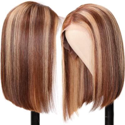 China Silky Straight Short Bob Wave Highlight 4/27 Color Hair Lace Front Wigs Brown Ombre Remy Hair Pre-Plucked Swiss Lace Wigs for sale