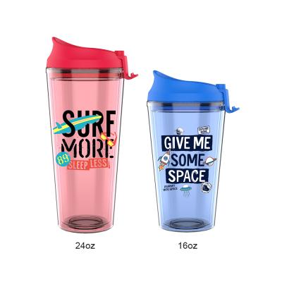 China Double Wall 16Oz Travel Coffee Mug Sustainable Plastic Water Bottle Plastic Tumbler With Flip Top for sale