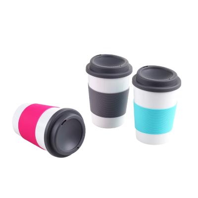 China Custom Logo Bpa Free Custom Sleeve Eco-Friendly Biodegradable Silicone Double Wall Travel Take Away Plastic Reusable Coffee Cup With Lid for sale