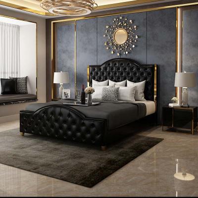 China Adjustable Modern European Luxury Design Bedroom Furniture Italian Faux (Other) Leather Buttons Black PU Upholstery Bed for sale