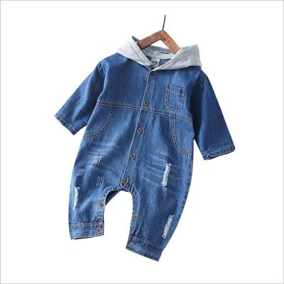 China China Wholesale Polyester/Cotton Customized Button Cotton Denim Rompers Baby 2022 Infant Hooded Lattice Romper Kids Clothing for sale